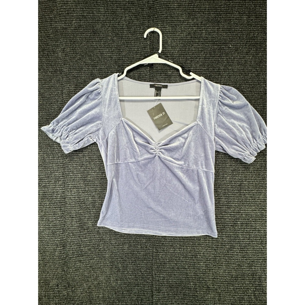 Forever 21 Women's L Periwinkle Velvet Puff Sleeve Ruched Front Top NWT